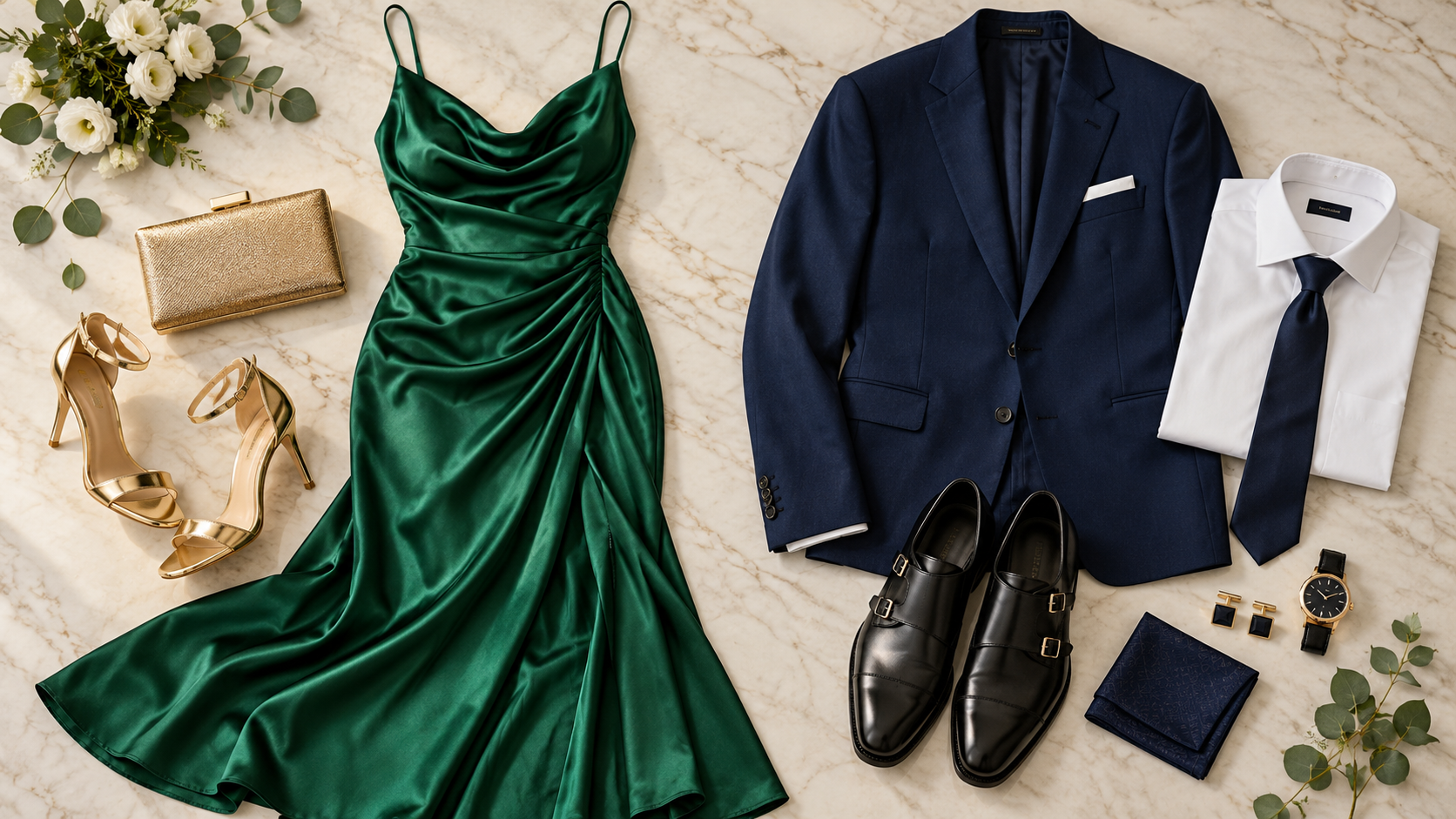 Luxury wedding cocktail outfits featuring an emerald green satin dress, gold heels and clutch, navy blue men's suit, white shirt, silk tie and black leather monk strap shoes.