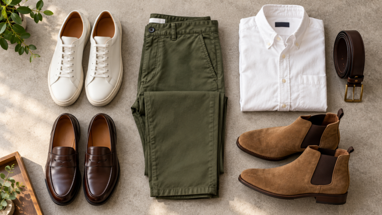 Men's capsule wardrobe with olive green chinos, white sneakers, brown leather loafers, tan suede Chelsea boots, white Oxford shirt and leather belt.